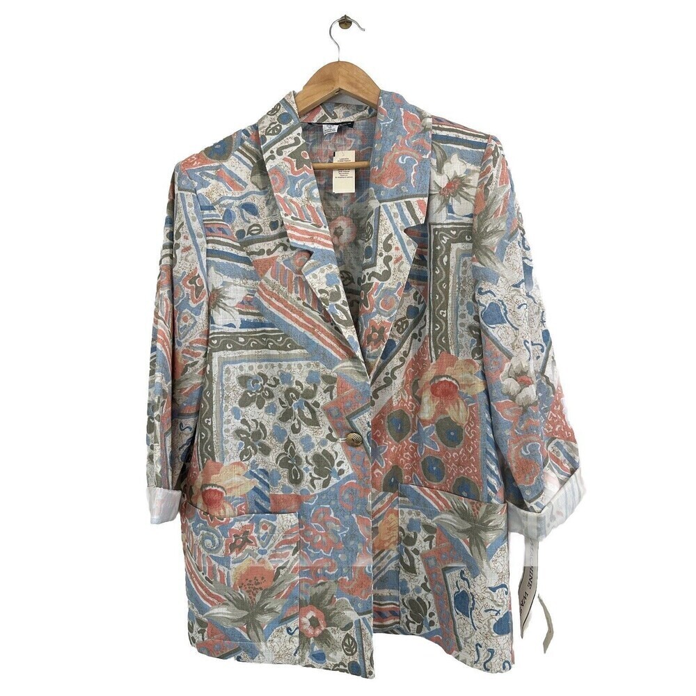 SAG HARBOR LINEN BLEND MULTI COLOR FLORAL Blazer/Jacket 12 Art Deco Art To Wear